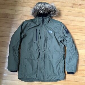 Helly Hansen Mens Dubliner Parka Jacket Olive Green Faux Fur Hood Small